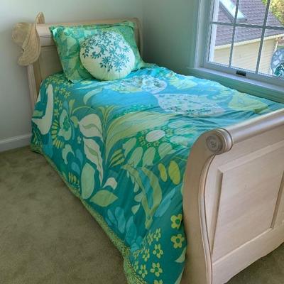 $150. Twin sleigh bed - no mattress $55. 100% Organic cotton set - Twin Comforter set and window treatments