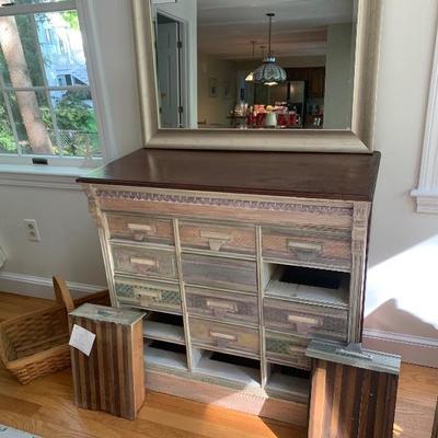 $225. Hand painted - solid oak antique filing cabinet 