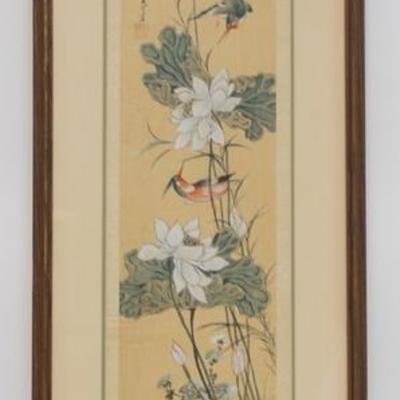 1060	ASIAN PRINT OF BIRDS & FLOWERS, CHARACTER SIGNED, OVERALL DIMENSIONS 10 1/2 IN X 25 1/2 IN 
