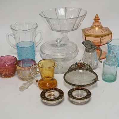1267	14 PIECE PATTERN GLASS ETC. CLEAR & COLORED, LOT INCLUDES A LARGE COMPOTE 7 1/4 IN H, A WHEELCUT PINK DEPRESSION COVERED CANDY DISH,...