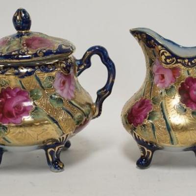 1284	HAND PAINTED JAPANESE CREAMER & SUGAR W/ HEAVY GOLD & COBALT BLUE, CHARACTER SIGNED IN A CRESCENT

