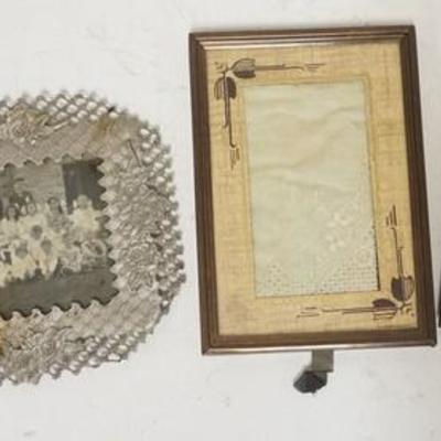 1280	THREE PIECE PHOTO & FRAME LOT A SCHOOL PHOTO IN A PIERCED METAL FRAME AN EMBROIDERED HANDKERCHIEF & A PHOTO OF A CHILD HOLDING A...