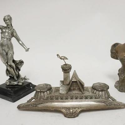 1313	TWO METAL STATUES & A FRENCH SOUVENIR INKWELL, FULL LENTGH STATUE OF A WOMAN POSSIBLY A WATCH HOLDER, BUST OF A WOMAN, FRENCH...