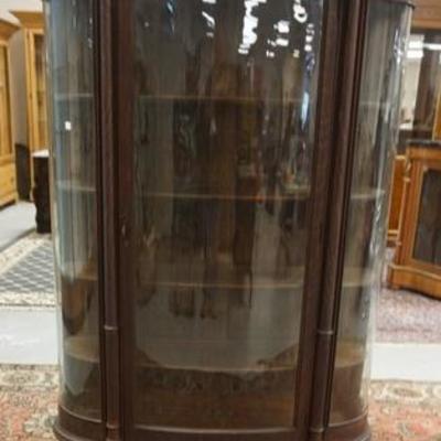 1025	OAK CHINA CABINET W/ CURVED GLASS SIDES & DOOR, 42 IN W, 67 IN H 

