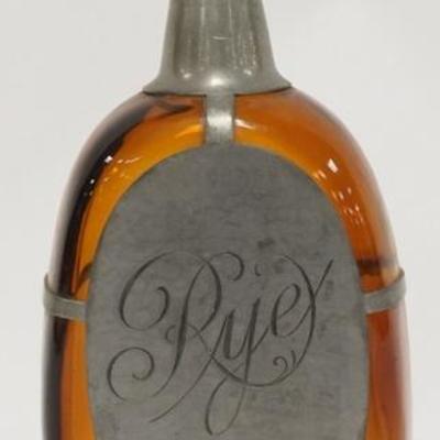 1319	AMBER GLASS RYE BOTTLE W/ PEWTER OVERLAY, 9 1/2 IN H 
