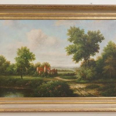 1120	OIL ON CANVAS LANDSCAPE W/ CASTLE SIGNED LOWER RIGHT C. MUCCO, OVERALL DIMENSIONS 44 IN X 32 IN 
