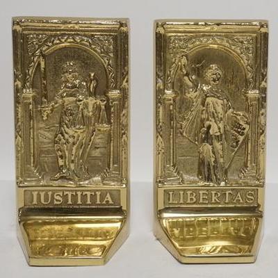 1115	VIRGINIA METALCRAFTERS SOLID BRASS BOOKENDS LIBERTY & JUSTICE 1996, 7 IN H 
