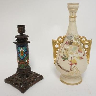 1315	LONGWY CANDLESTICK AND A HAND PAINTED AUSTRIAN VASE, VASE HAS A TIGHT HAIRLINE, TALLEST IS 11 1/4 IN 
