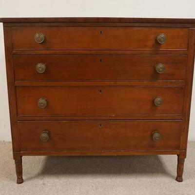 1096	ANTIQUE SHERATON CHEST W/ BRASS PULLS & TURNED LEGS, 42 1/4 IN W, 39 1/2 IN H 
