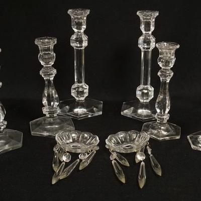 1187	THREE PAIRS OF CRYSTAL CANDLESTICKS ONE VAL-SAINT LAMBERT W/ ORIGINAL FITTED BOX, LOT ALSO INCLUDES A SET OF BOBACHES W/ PRISMS
