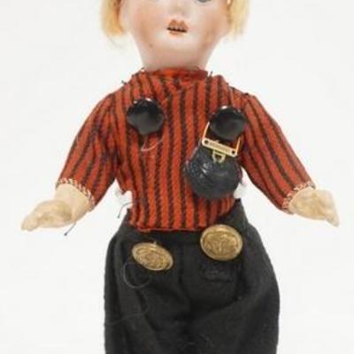 1307	GERMAN BISQUE HEAD BOY DOLL W/ STAND, 8 IN H 
