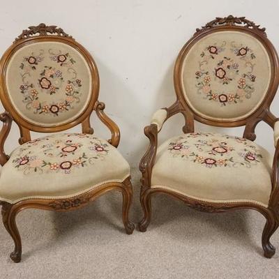 1029	TWO ROSE CARVED MEDALLION BACK CHAIRS, ARMCHAIR & SIDE CHAIR W/ MATCHING UPHOLSTERY

