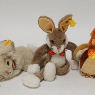 1079	GROUP OF 5 STEIFF STUFFED ANIMALS, RECLINING RABIT IS 8 1/2 IN L 
