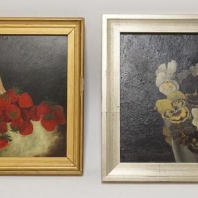 1189	TWO OILS ON ARTIST BOARD, STILL LIFE, ONE IS A BASKET OF STRAWBERRIES THE OTHER IS PANSIES, LARGEST IS 13 IN X 11 1/4 IN 
