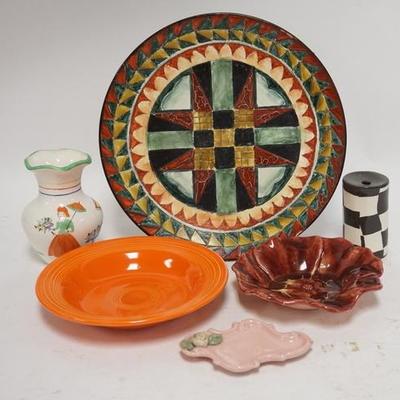 1272	6 PIECE MISC. POTTERY LOT INCLUDING 12 1/4 IN DECORATIVE PLATE, FIESTA BOWL & A HAND PAINTED PLATE 
