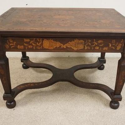 1252	INLAID LIBRARY TABLE HAS ONE DRAWER, STRETCHER IS ALSO INLAID, SOME LOSSES TO THE INLAY, 43 1/2 IN X 31 3/4 IN 28 IN H
