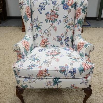 1163	HICKORY CHAIR CO UPHOLSTERED WING CHAIR. STAINING ON ONE SIDE OF THE SEAT CUSHION
