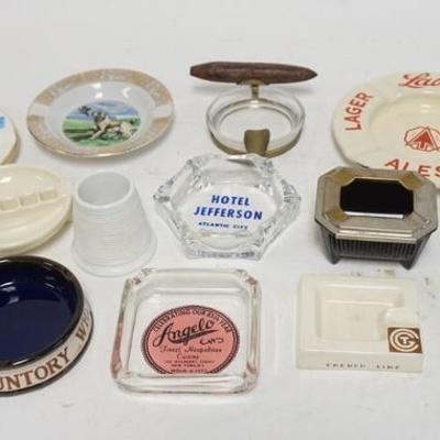 1214	LOT OF 11 ASHTRAYS INCLUDING ADVERTISING & A MATCH HOLDER, LARGEST IS 6 1/4 IN 
