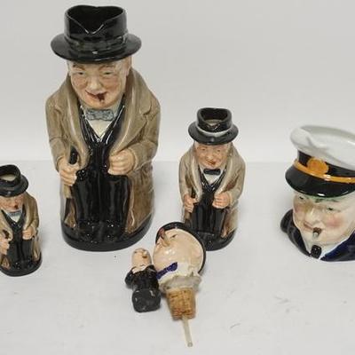 1125	SIX WINSTON CHURCHILL ITEMS, THREE ROYAL DOULTON CHARACTER JUG, A BURLEIGH TOBY PITCHER, A CORK W/ POURING SPOUT AND A SMALL FIGURE,...