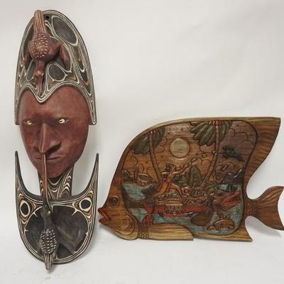 1241	TWO ETHNIC PAINTED WOOD CARVINGS, LARGE CARVED & PAINTED WOODEN MASK W/ ANIMALS & SHELL EYES, 28 1/2 IN H, & A CARVED & PAINTED FISH...