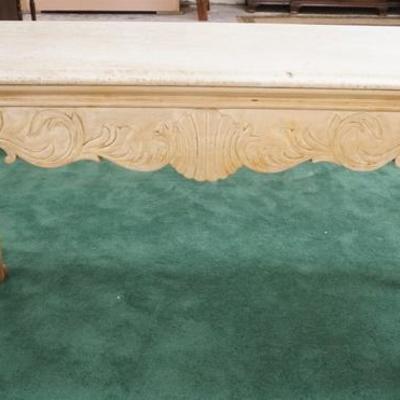 1042	CARVED & PAINTED MARBLE TOP CONSOLE W/ CLAW FEET, 58 IN X 18 IN, 32 1/2 IN H  
