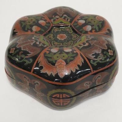 1064	ASIAN LACQUERED BOX, HEXANGONAL 9 1/2 IN ACROSS, 4 1/2 IN H 
