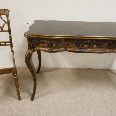 1033	CHINOISERIE DECORATED DESK & CHAIR, DESK HAS 3 DRWS, 48 IN W, 31 1/2 IN H 
