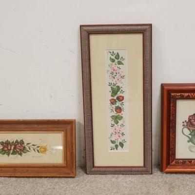 1273	GROUP OF THREE FLORAL THEOREM PAINTINGS BY ALICE CUMMINGS, LARGEST IS 8 X 17 1/2 INCLUDING FRAME 
