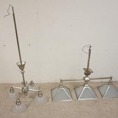 1242	TWO CHROME HANGING LIGHT FIXTURES W/ FROSTED GLASS SHADES, ONE HAS THREE SQUARE SHADES AND IS 30 IN H, THE OTHER IS SIGNED...