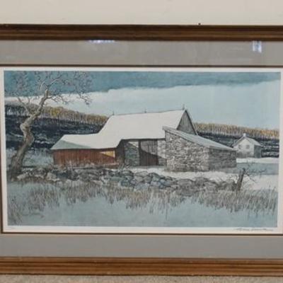 1124	ERIC SLOANE LIMITED EDITION PRINT WINTER FARM SCENE,  PENCIL SIGNED 349/490 DOUBLED MATTED, OVERALL DIMENSIONS 36 1/4 IN X 24 3/4 IN 
