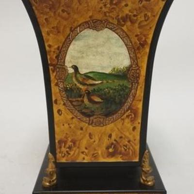 1271	JEAN REEDS LIMITED DECORATIVE TIN VASE HAS A PAINTED MEDALLION OF BIRDS ON A FAUX BURL BACKGROUND, 11 3/4 IN H 
