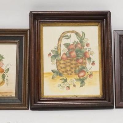 1188	THREE HAND PAINTED THEROEMS W/ FRUIT ONE IS SIGNED R. RAWSON, ONE IS SIGNED E. DANIELS 1980, ONE IS SIGNATURE ILLEGIBLE, LARGEST...
