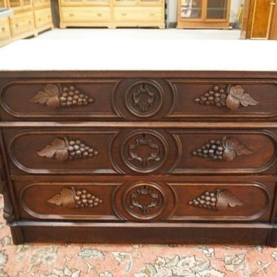 1024	MARBLE TOP VICTORIAN 3 DRW, DRESSER HAS BEVELED MARBLE W/ ROUNDED FRONT CORNERS & CARVED GRAPE CLUSTER PULLS, 45 1/2 IN W, 29 1/4 IN...