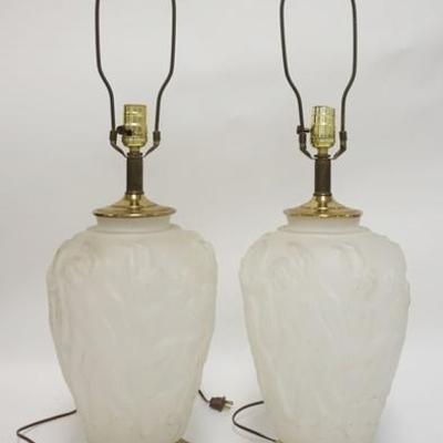 1190	PAIR OF DANCING NUDES FROSTED GLASS LAMPS, 30 1/2 IN H 
