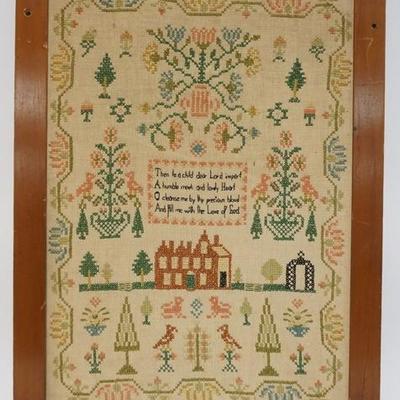 1061	FRAMED SAMPLER W/ HOUSE, BIRDS, TREES, ETC. OVERALL DIMENSIONS 18 1/2 IN X 24 1/2 IN, FRAME HAS THREE DRILLED HOLES 

