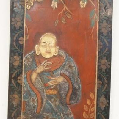 1217	HAND PAINTED ASIAN PLAQUE W/ RELIEF DECORATION & PAINTED FRAME OVERALL DIMENSIONS 17 IN X 33 1/2 N
