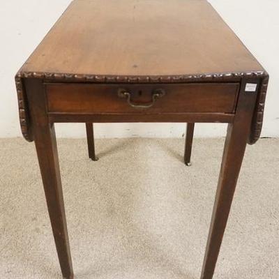 1097	ANTIQUE MAHOGANY DROP LEAF TABLE W/ DRAWER & CARVED EDGES, 29 IN X 19 IN CLOSED, 27 1/2 IN H, DROPS ARE 7 1/4 IN 
