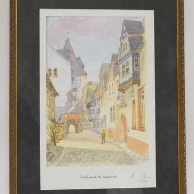 1294	PENCIL SIGNED PRINT OF A CONTINENTAL VILLAGE, OVERALL DIMENSIONS 14 IN X 18 3/4 IN 
