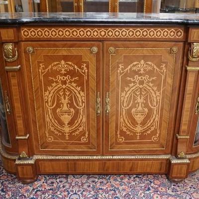 1055	INLAID GREEN MARBLE TOP SIDEBOARD WITH BRONZE MOUNTS AND SERPENTINE GLASS DOORS.
