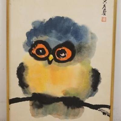 1290	JAMES JEH-JAU LUI PRINT OF AN OWL, SOME SPOTTING THE BORDER OF THE PRINT, CHARACTER SIGNED, ARTIST BIO ON THE REVERSE, OVERALL...