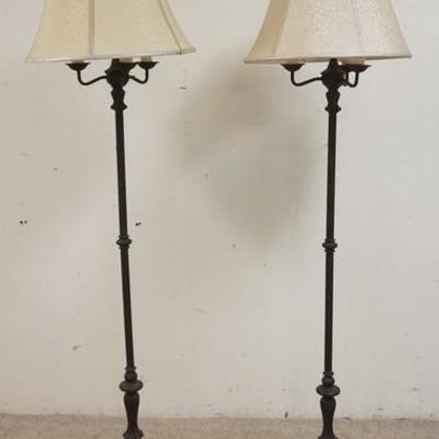 1257	MATCHED PAIR OF METAL FLOOR LAMPS W/ MATCHING CLOTH SHADES, 64 IN H 
