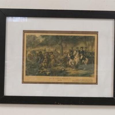 1119	FRAMED PRINT LIFE OF GEORGE WASHINGTON THE SOLDIER, PAINTED BY STEARNS, LITHO BY REGNIER, OVERALL DIMENSIONS 24 IN X 16 IN 
