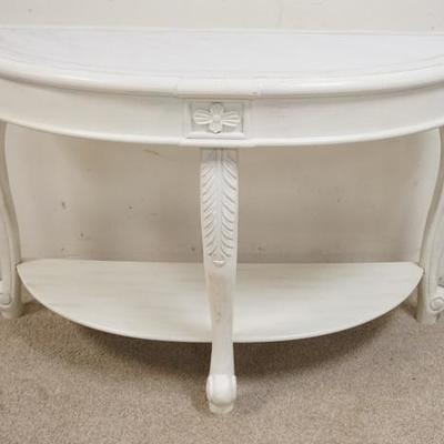 1256	UTTERMOST DEMILUNE CONSOLE W/ INSET MARBLE TOP PAINTED WHITE, 48 IN W, 30 1/2 IN H 
