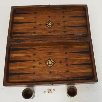 1281	INLAID CHECKER & BACKGAMMON BOX/BOARD, LOT INCLUDES TWO SHAKERS & THREE PAIRS OF MINIATURE DICE, BOARDS ARE 13 3/4 IN X 14 1/4 IN 
