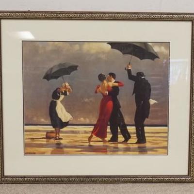 1292	LARGE FRAMED PRINT OF PEOPLE DANCING IN THE RAIN, SIGNED LOWER LEFT, OVERALL DIMENSIONS W/ FRAME 33 1/4 IN X 28 1/4 IN
