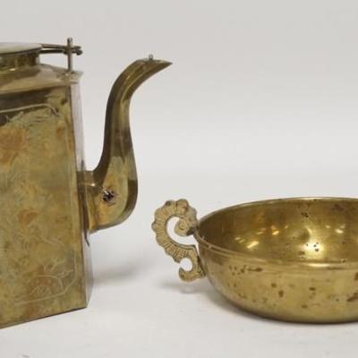 1085	HEXAGONAL TEAPOT W/ ENGRAVED DESIGN OF BIRDS & BOWL W/ 3 COINS INSERTED IN THE BASE, TEAPOT IS 7 IN H 
