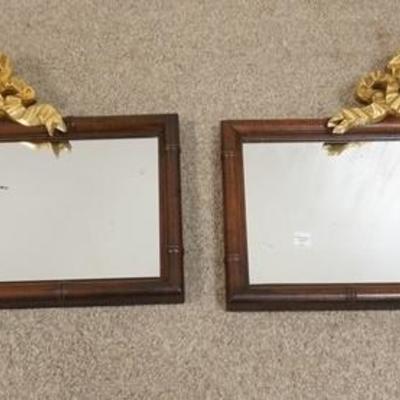 1038	PAIR OF BAKER MIRRORS IN BAMBOO TURNED FRAMES W/ GILT BOW CREST, 23 IN X 15 IN 
