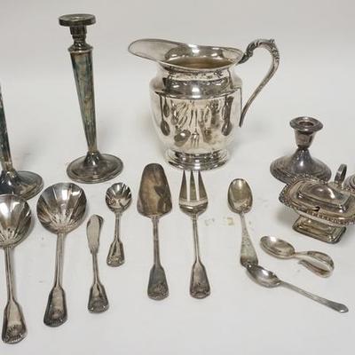 1184	SILVERPLATE LOT INCLUDING, A PITCHER, CANDLESTICKS & A MUSTARD W/ SPOON
