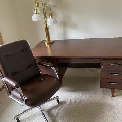 Mid Century Desk Chair, 1970's White Gold Trim, 4 Globes, Gold Tone Table Lamp