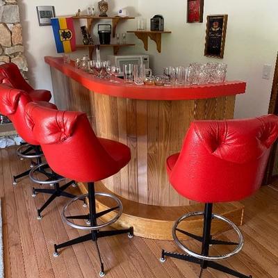 1970's Patent Leather Vinyl Tufted Orange Bar Stools (5) Swivel, with Foot Rests